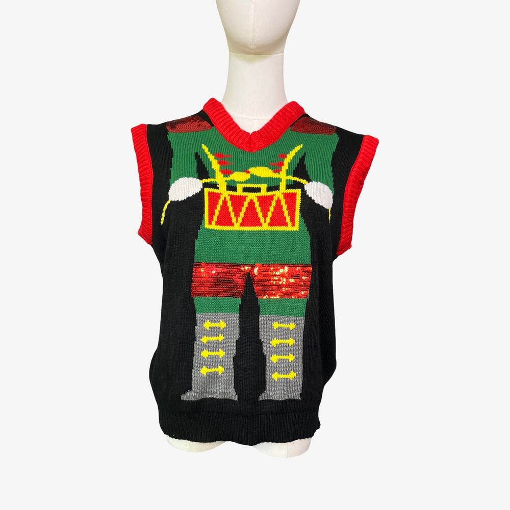 Ugly Christmas Sweater Vest Toy Soldier Drummer Sequin Black Red Knit M